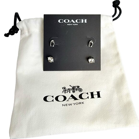 Coach Signature C & Stone Stud Earrings Set Silver Butterfly Close New With Tags - Picture 2 of 13